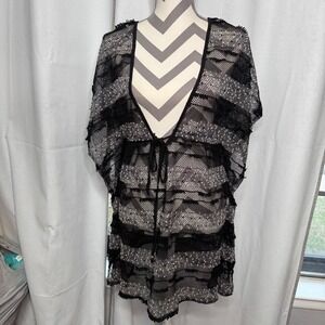 Blue Island Womens Beach‎ Cover Up Black Sheer Lace Short Sleeve